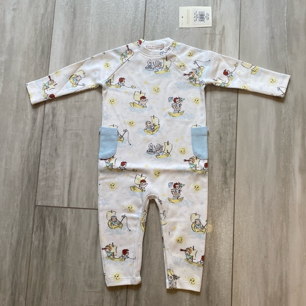 NWT TBBC Pima Cotton Rayburn Longsleeve Vintage Inspired Boat Print Romper, 0-3M